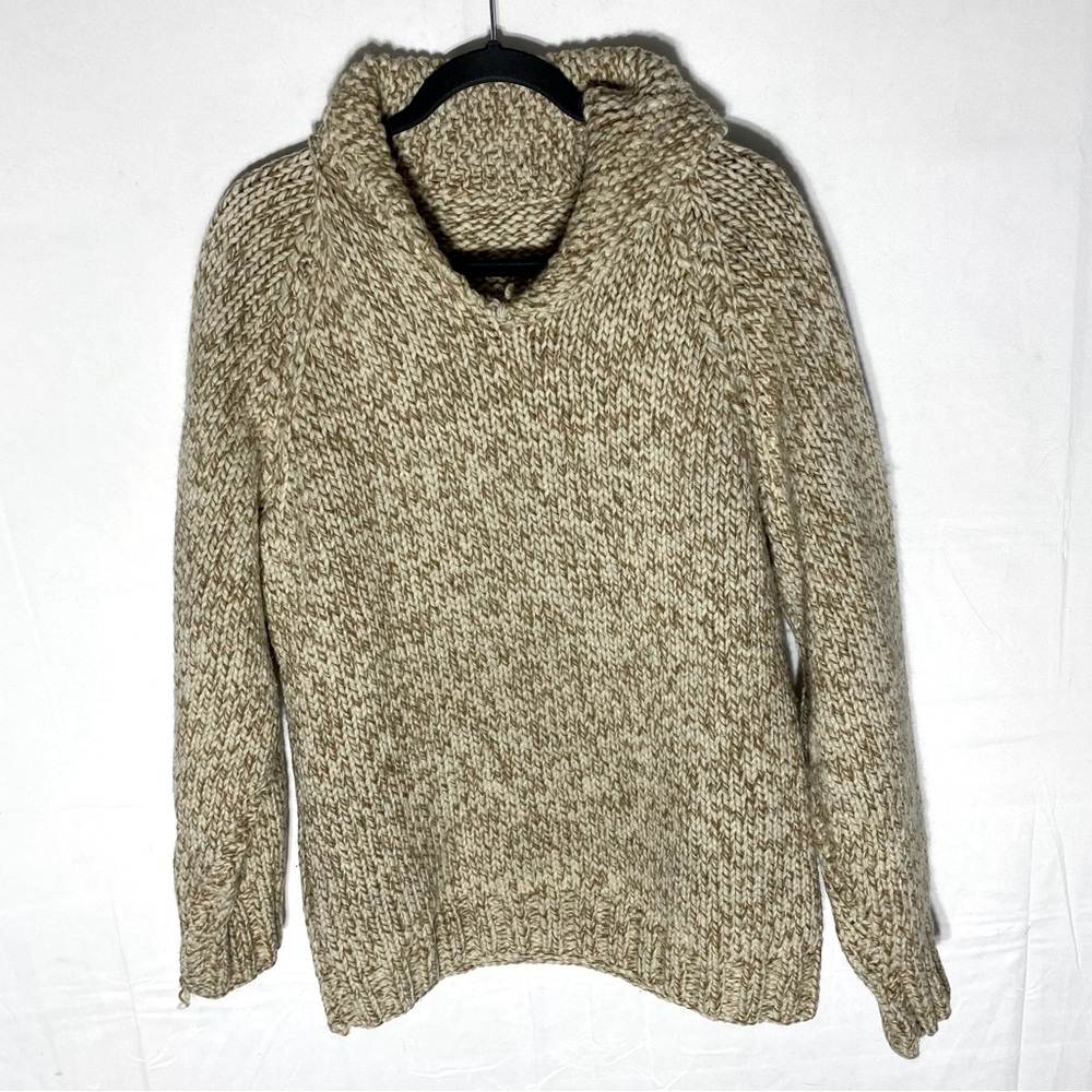 Vintage Handmade Hand Knit Wool V Neck Shawl Collar Pullover Sweater S